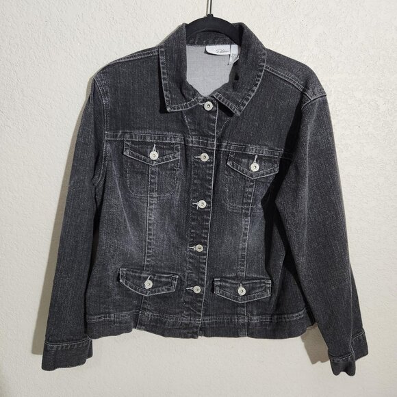 Chicos Platinum Jacket Womens 2 Black Denim Stretch Button Front Jean Classic - Picture 1 of 14